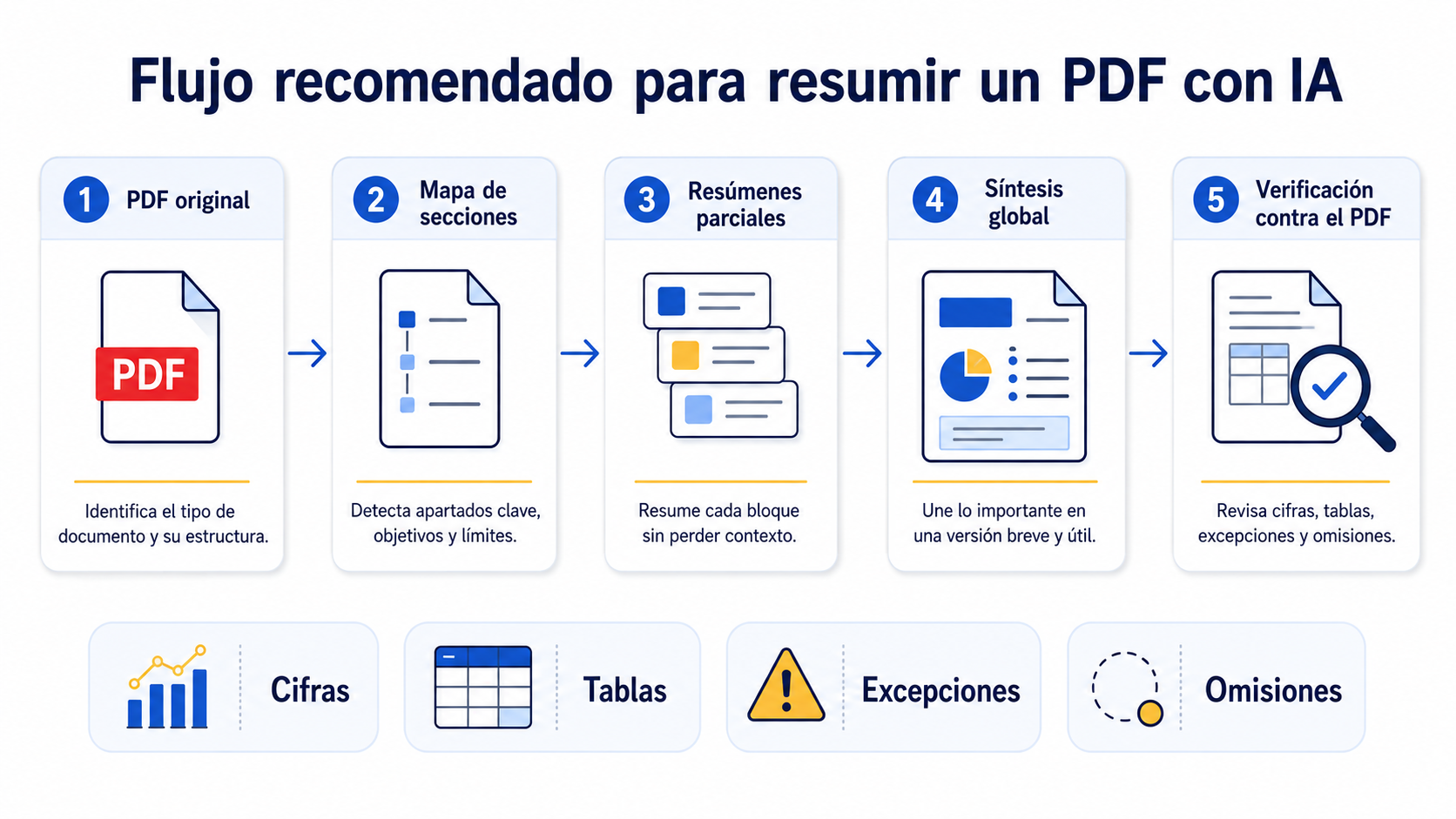 Flujo recomendado para resumir un PDF con IA: documento original, mapa de secciones, resúmenes parciales, síntesis global y verificación final